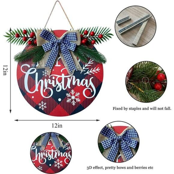 Merry Christmas Wreath for Front Door Buffalo Plaid Christmas Decorations - Picture 4 of 6